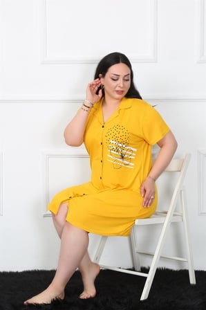 Moda Çizgi Büyük Beden Penye Düğmeli Sarı Tunik Gecelik 1025