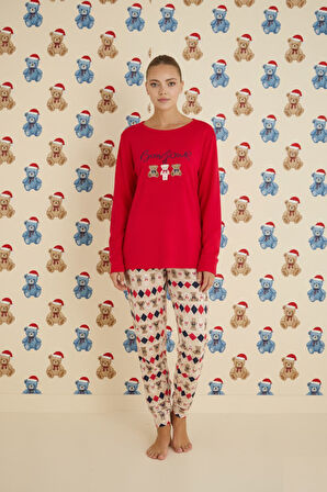 Kadın Bisiklet Yaka Düğmesiz Bilekler Lastikli/Jogger Yumuşak Termal Kışlık Pijama Takımı