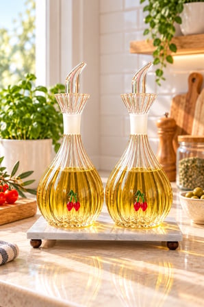2 Adet Kirazlı 900 ml Borosilikat Tombul Çizgili Cam Yağdanlık ve Mermer Stantlı – Yağlık Sirkelik S