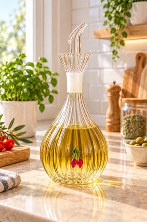 2 Adet Kirazlı 900 ml Borosilikat Tombul Çizgili Cam Yağdanlık ve Mermer Stantlı – Yağlık Sirkelik S
