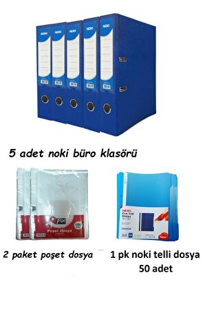 Mavi Geniş Klasör Plastik 5 Adet, 1 Paket Telli Dosya ve Poşet Dosya 2 Paket