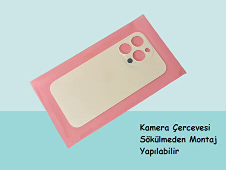 Tkgz - iPhone 14 PRO Arka Pil Batarya Kapağı - Cam kapak Geniş Lens Deliği - GOLD