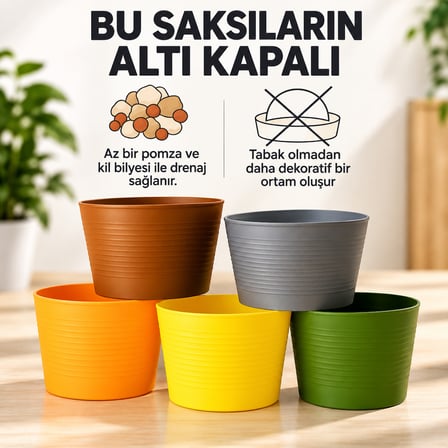 5 Adet Renkli Kırılmaz Plastik Saksı Seti | Tabaksız Kullanım | 1,8 Litre | Ev&salon Için