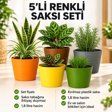 5 Adet Renkli Kırılmaz Plastik Saksı Seti | Tabaksız Kullanım | 1,8 Litre | Ev&salon Için