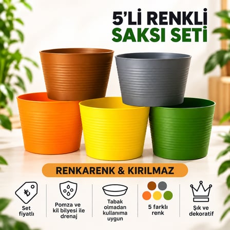 5 Adet Renkli Kırılmaz Plastik Saksı Seti | Tabaksız Kullanım | 1,8 Litre | Ev&salon Için