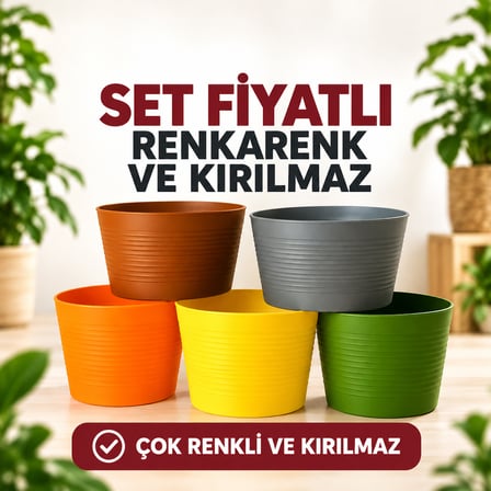 5 Adet Renkli Kırılmaz Plastik Saksı Seti | Tabaksız Kullanım | 1,8 Litre | Ev&salon Için
