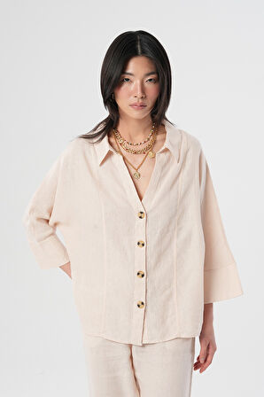 KADIN %100 KETEN V YAKA DÜZ RENK GÖMLEK