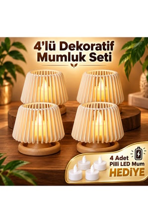 4’lü Dekoratif LED Tealight Mumluk Seti - Masaüstü Aydınlatma - Pilli Mumlar Dahil