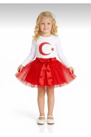 Kız Çocuk 23 Nisan 29 Ekim Gösteri Kıyafeti Beyaz Uzun Kol Ayyıldız T-shirt Kırmızı Tütü Etek Takım