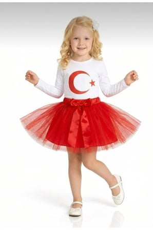 Kız Çocuk 23 Nisan 29 Ekim Gösteri Kıyafeti Beyaz Uzun Kol Ayyıldız T-shirt Kırmızı Tütü Etek Takım
