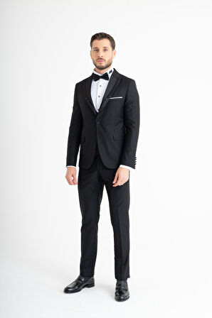 Slim Fit Yelekli Smokin - Siyah 56