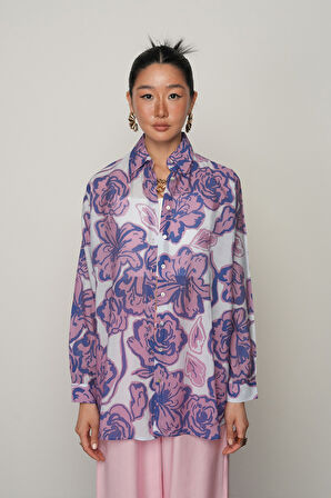 KADIN MOR VE LİLA ÇİÇEK KARIŞIMLI OVERSİZE GÖMLEK