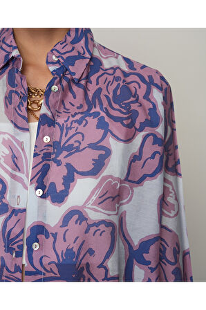 KADIN MOR VE LİLA ÇİÇEK KARIŞIMLI OVERSİZE GÖMLEK
