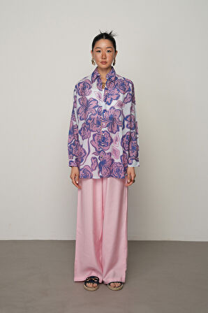 KADIN MOR VE LİLA ÇİÇEK KARIŞIMLI OVERSİZE GÖMLEK