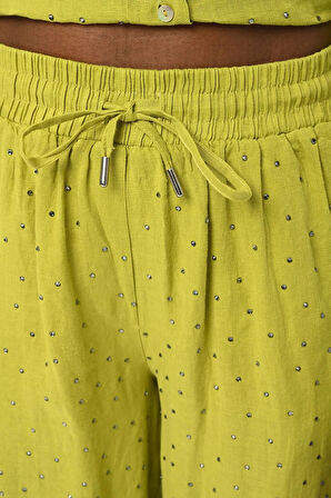 KADIN BELİ LASTİKLİ BOL PAÇA ÖNÜ TAŞ İŞLEMELİ KETEN PANTOLON