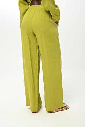 KADIN BELİ LASTİKLİ BOL PAÇA ÖNÜ TAŞ İŞLEMELİ KETEN PANTOLON