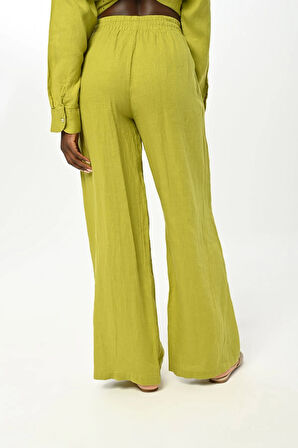 KADIN BELİ LASTİKLİ BOL PAÇA ÖNÜ TAŞ İŞLEMELİ KETEN PANTOLON