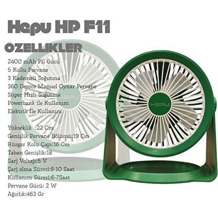 HP F06 Masa Üstü Şarjlı Vantilatör Hızlı Soğutma 2400 mAh Led Aydınlatmalı 5 Kollu 3 Kademeli