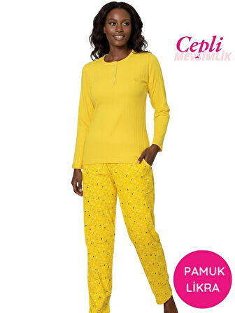 Kadın Sarı Çiçek Desen Mevsimlik Pamuklu Penye Uzun Kol Cepli Pijama Takımı-Slim Fit Dar Kalıp