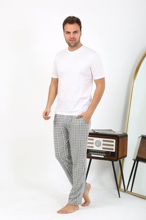 Moda Çizgi Erkek Ekoseli Desen Penye Tek Alt Pijama 27540 Gri