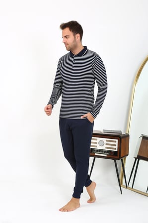 Moda Çizgi Erkek Polo Yaka Uzun Kol Penye Pijama Takımı Lacivert 6864