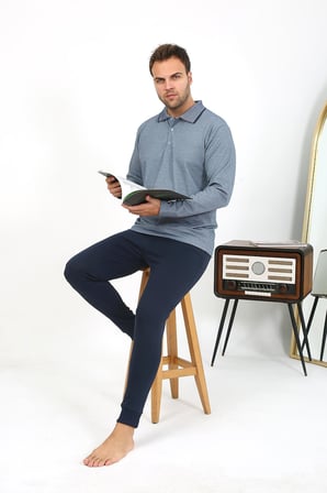 Moda Çizgi Erkek Polo Yaka Uzun Kol Penye Pijama Takımı Lacivert 6865