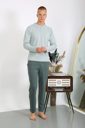 Moda Çizgi Erkek Penye Uzun Kol Pijama Takımı 6860 Su Yeşili