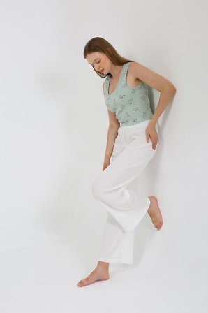 Moda Çizgi Kadın Kalın Askılı Body Bol Paça Pantolon 2`li Takım Beyaz 4219