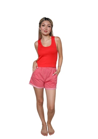 Moda Çizgi Kadın Kalın Askılı Şortlu Pijama Takım Kırmızı 3628