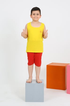Moda Çizgi Erkek Çocuk Sıfır Kol Şortlu Sarı Penye Pijama Takımı 20434