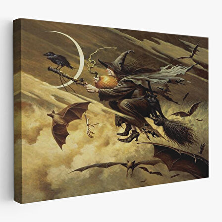 Süpürge İle Uçan Cadı ve Kedisi Cadılar Bayramı Helloven Duvar Tablosu -6559