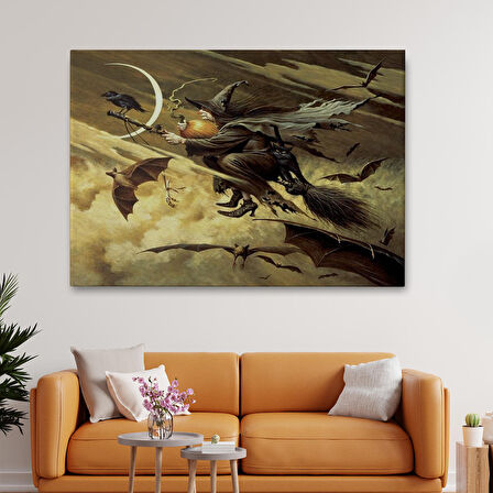 Süpürge İle Uçan Cadı ve Kedisi Cadılar Bayramı Helloven Duvar Tablosu -6559