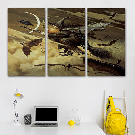 Süpürge İle Uçan Cadı ve Kedisi Cadılar Bayramı Helloven Duvar Tablosu -6559