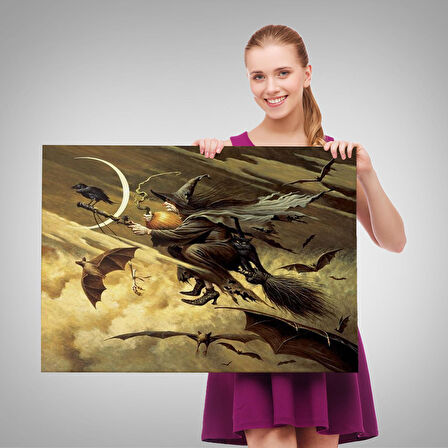 Süpürge İle Uçan Cadı ve Kedisi Cadılar Bayramı Helloven Duvar Tablosu -6559