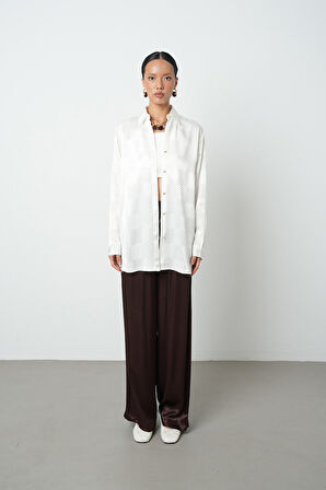 Kadın Ekru Renk Kare Desenli Oversize Kesim Gömlek