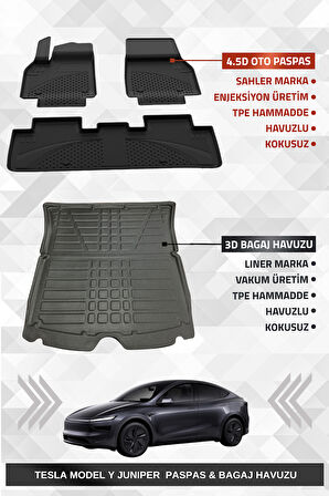 Sahler Tesla Model Y Juniper 2025+ Uyumlu 4.5D Premium Havuzlu Oto Paspas ve Liner Marka 3D Bagaj Havuzu
