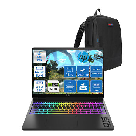Hp Omen Max 16-AH0021NT Intel Core Ultra 7 255HX 64GB Ddr5 2tb SSD 8gb Nvıdıa RTX5070 16 Inç 500NITS 2k Wqxga 240Hz 3ms IPS Freedos Siyah OB92QXEAF14 + Zetta Çanta