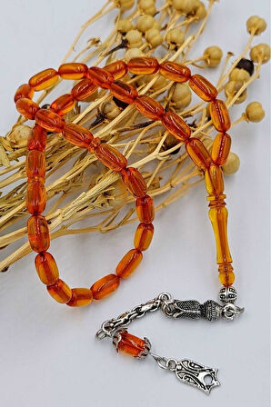 Turuncu Kapsül Kesim Alpaka Püskül Kehribar Tespih (AHŞAP KUTULU)