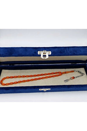 Turuncu Kapsül Kesim Alpaka Püskül Kehribar Tespih (AHŞAP KUTULU)