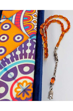 Turuncu Kapsül Kesim Alpaka Püskül Kehribar Tespih (AHŞAP KUTULU)