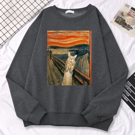Rahat sokak kadın kazak yağlıboya Cat'S catbaskı Hoody rahat polar kazak gevşek sıcak kadın s