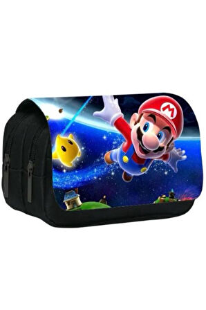 Super Mario çift fermuar büyük kapasiteli kalem kutu dayanıklı kumaş mario kalem kutusu
