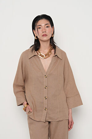 KADIN %100 KETEN V YAKA DÜZ RENK GÖMLEK