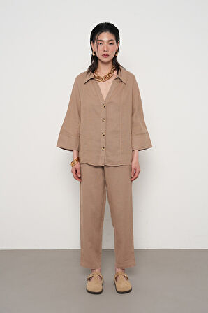 KADIN %100 KETEN V YAKA DÜZ RENK GÖMLEK