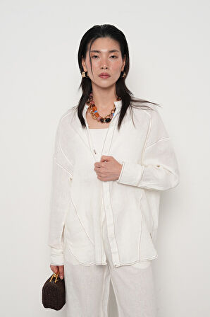 KADIN %100 KETEN HAKİM YAKA İP DETAYLI GÖMLEK