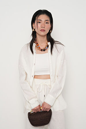 KADIN %100 KETEN HAKİM YAKA İP DETAYLI GÖMLEK