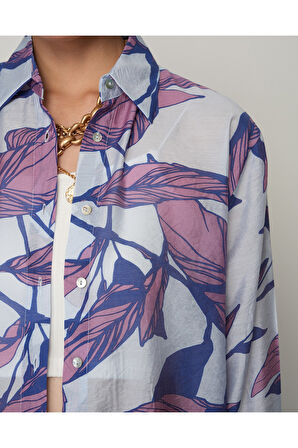 KADINMAVİ-MOR RENK YAPRAK DESENLİ OVERSİZE KESİM GÖMLEK