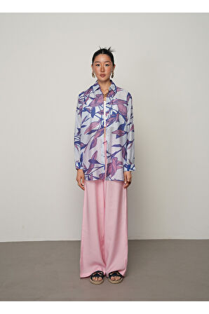 KADINMAVİ-MOR RENK YAPRAK DESENLİ OVERSİZE KESİM GÖMLEK