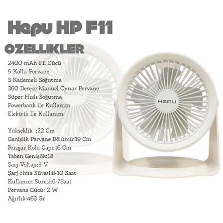 HP F06 Masa Üstü Şarjlı Vantilatör Hızlı Soğutma 2400 mAh Led Aydınlatmalı 5 Kollu 3 Kademeli