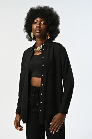 KADIN SİYAH RENK KUŞ DESENLİ %100 PAMUK OVERSİZE KESİM GÖMLEK